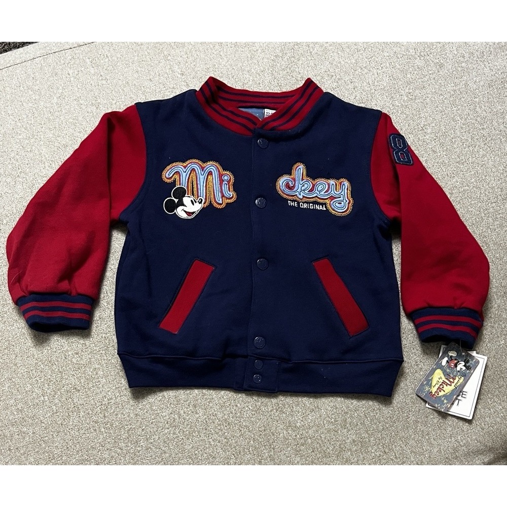 Disney Mickey Mouse Varsity Jacket Toddler 4T Navy Embroidered Snap Front Y2K 90